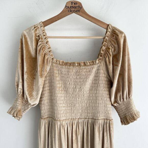 Baltic Born Gold Velvet Lined Stretchy Square Neck Puff Sleeve Maxi Dress Sz M - Picture 3 of 5